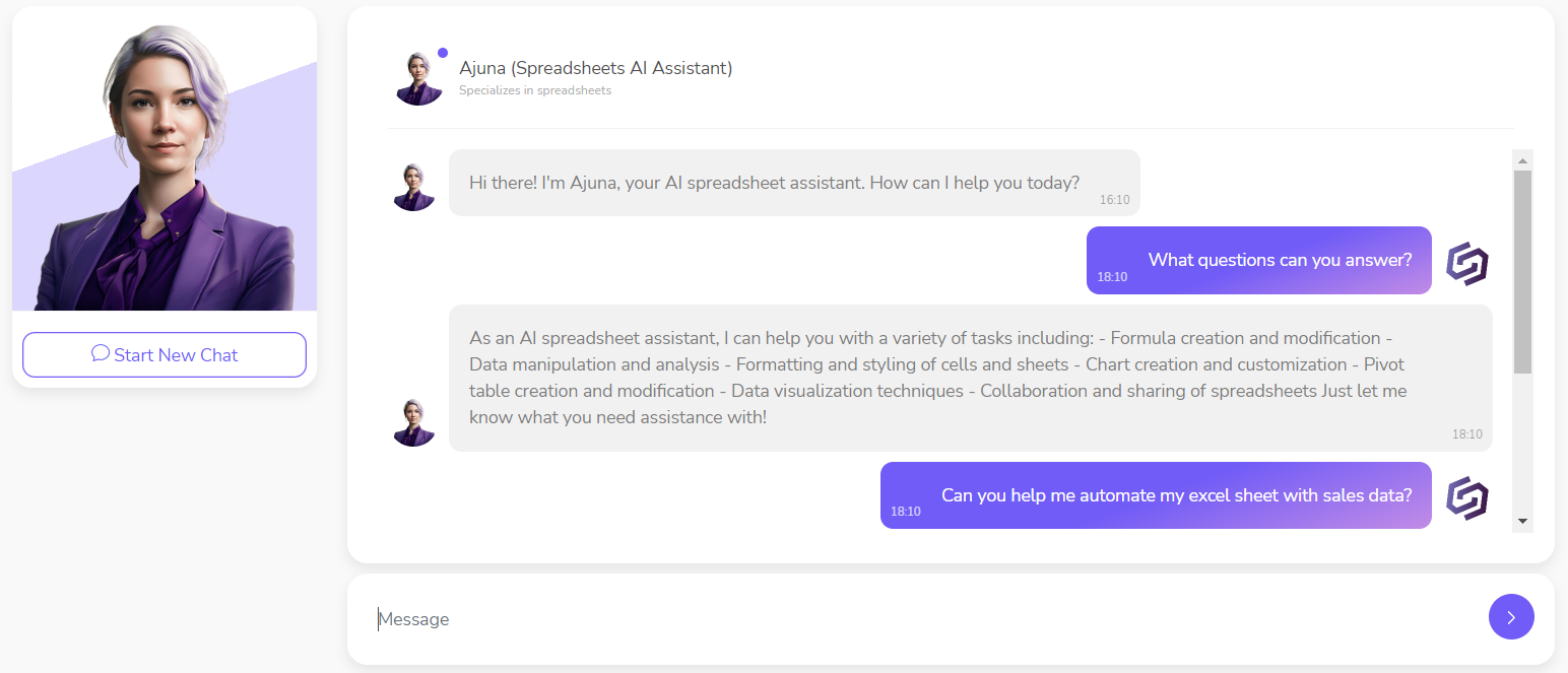 Virtual Assistant - Ajuna spreadsheet assistant - screenshot