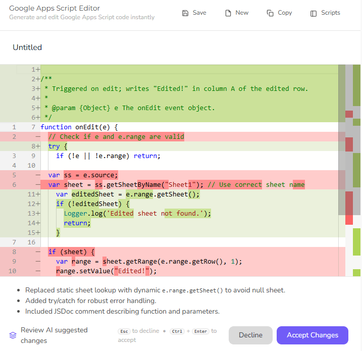 review changes from ai google apps script debugger 