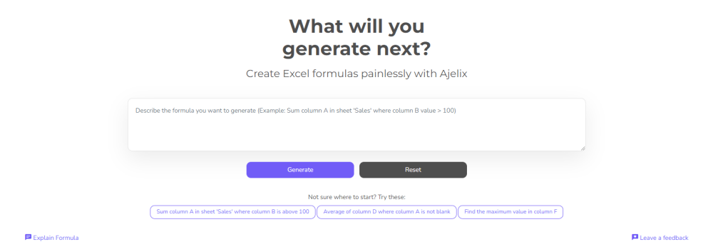 Excel formula generator screenshot from ajelix portal