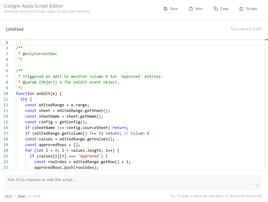 receive a script from google apps script generator with ai code
