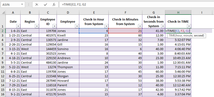 TIME function in excel - screenshot with example