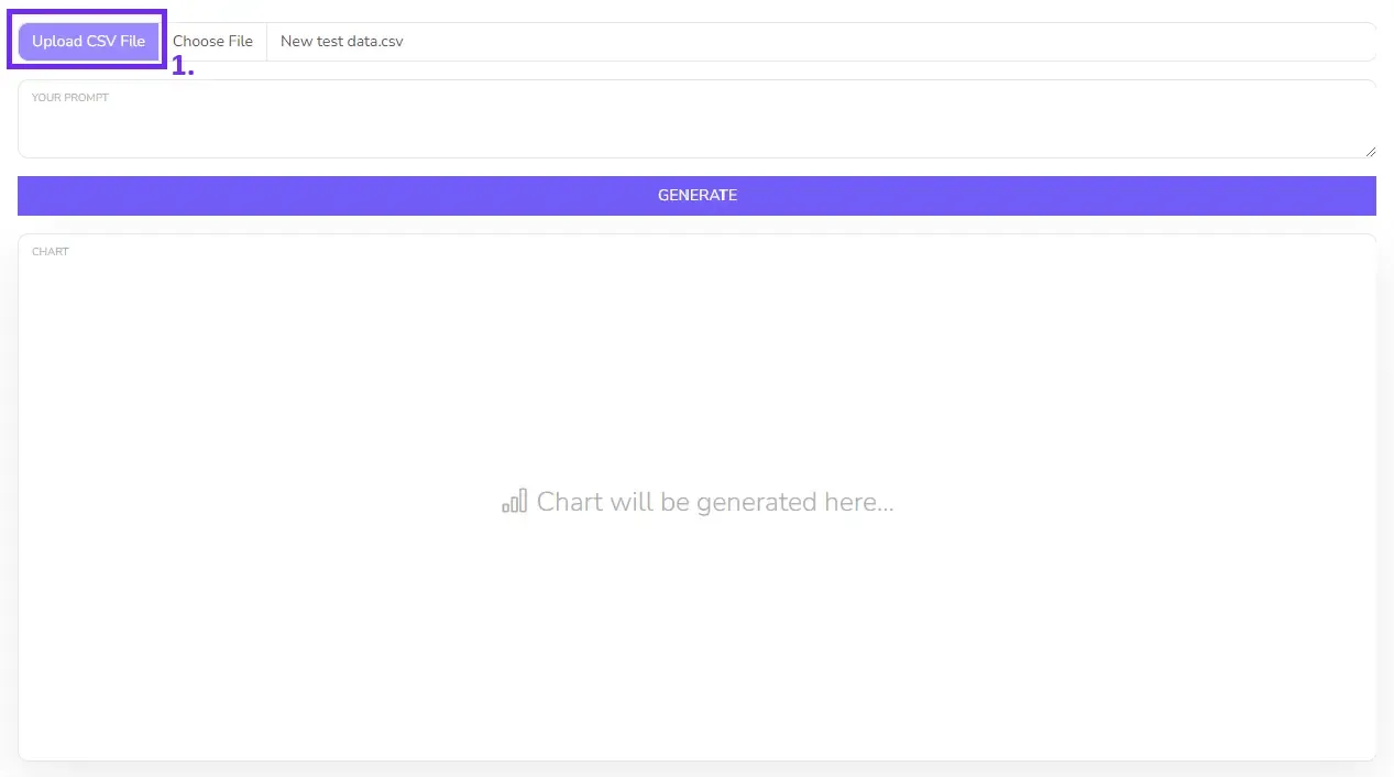 Upload CSV file for ai chart generator screenshot with steps to take