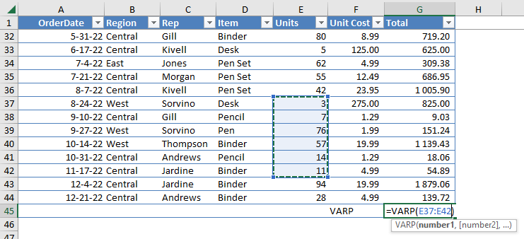 VARP function MS Excel - Excel Formula Cheat Sheet