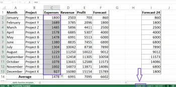 Average formula quick status bar action