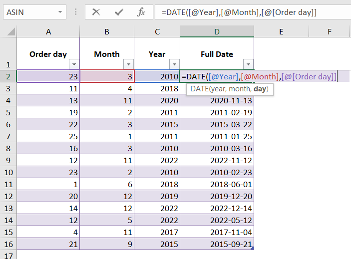 Date function in Excel example - screenshot from Excel