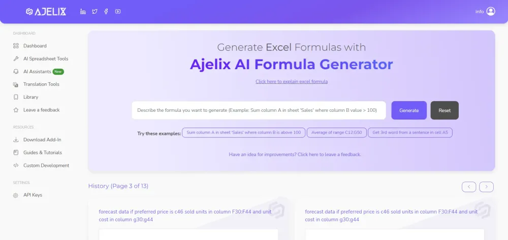 New Design Excel formula generator - screenshot from the system