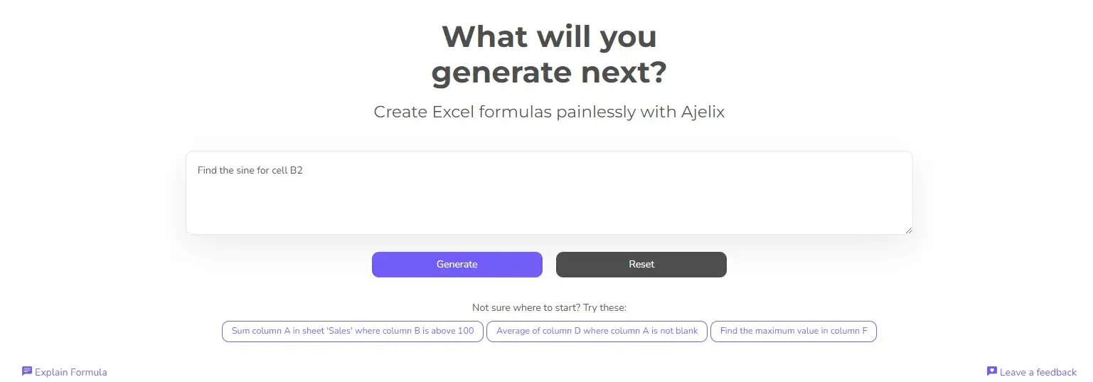 SIN function prompt for AI formula generator, screenshot from portal