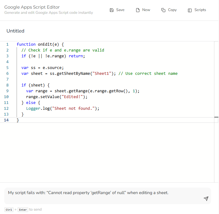add code to ai apps script debugger and write a prompt with error