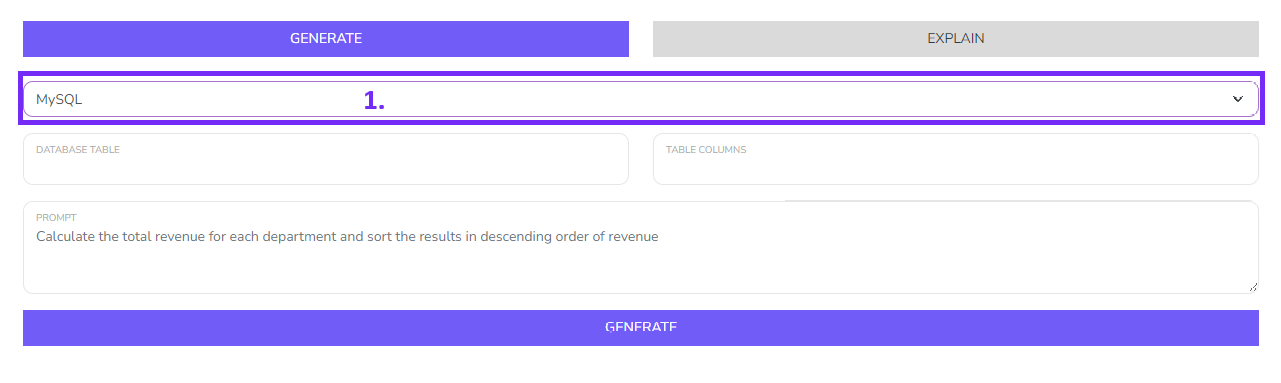 Select the SQL database type for sql generator screenshot