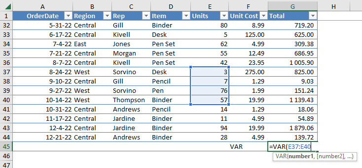 VAR function MS Excel - Excel Formula Cheat Sheet