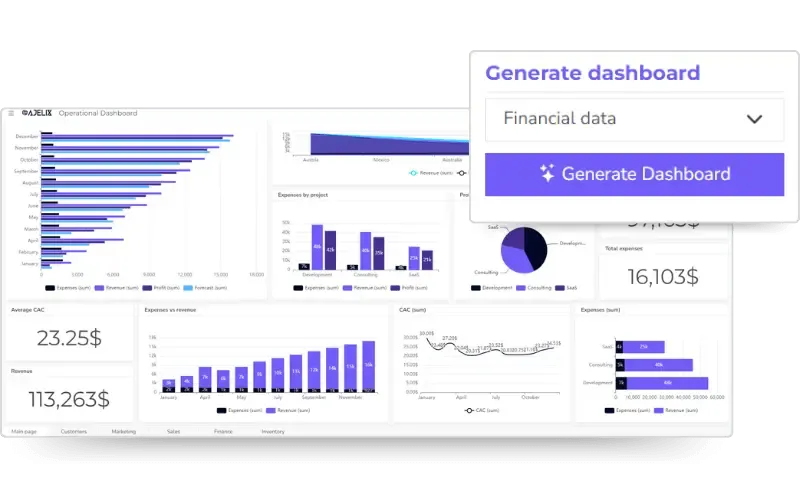 Auto generate dashboards using generative AI feature screenshot with dashboard from Ajelix BI