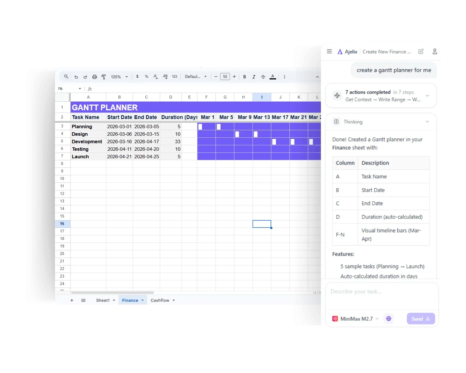 AI Agent for Work in Google Workspace Sheets by Ajelix screenshot with project management example 