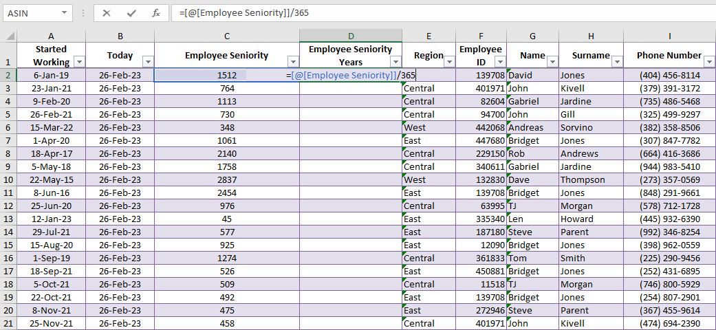 today function employee seniority calculation