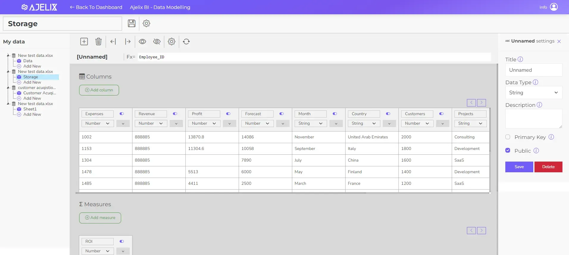 Ajelix BI data modeling view screenshot from platform
