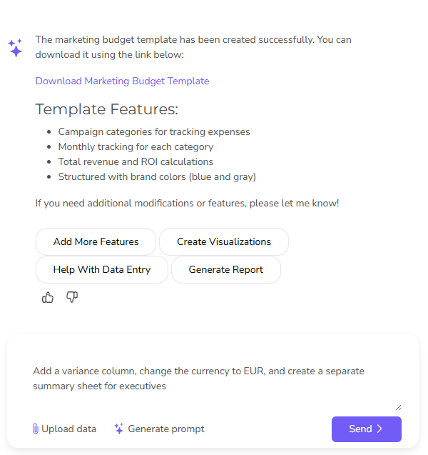 chat with ai to get better excel template with additional functionality