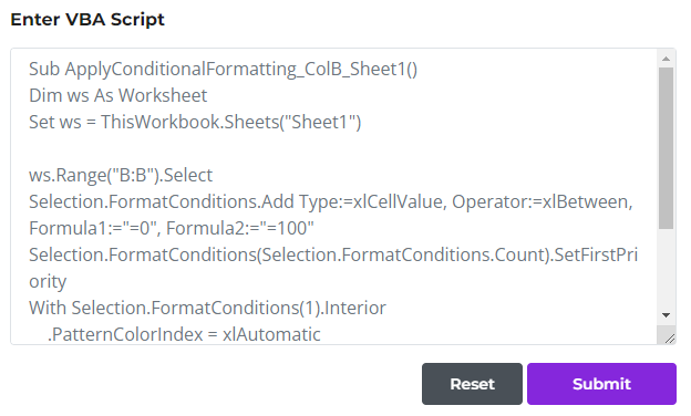 Excel VBA Script Explainer - Insert script - Ajelix Customer Dashboard screenshot