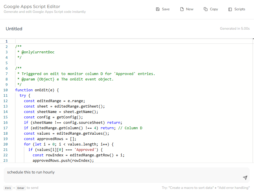 adjust the code by chatting with google script generator generator