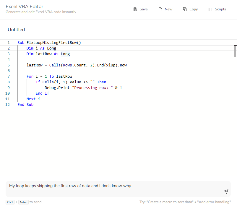 insert buggy code to ai vba debugger and describe the error