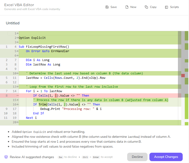 get debugged code from ai to accept or decline the changes and chat further with ai if needed
