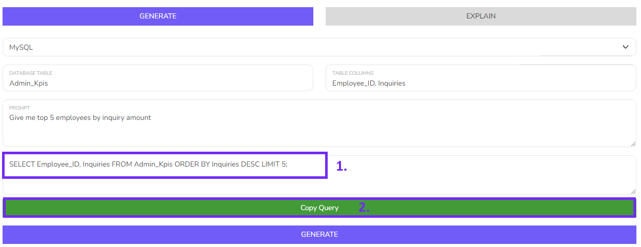 Screenshot with generate SQL query from AI