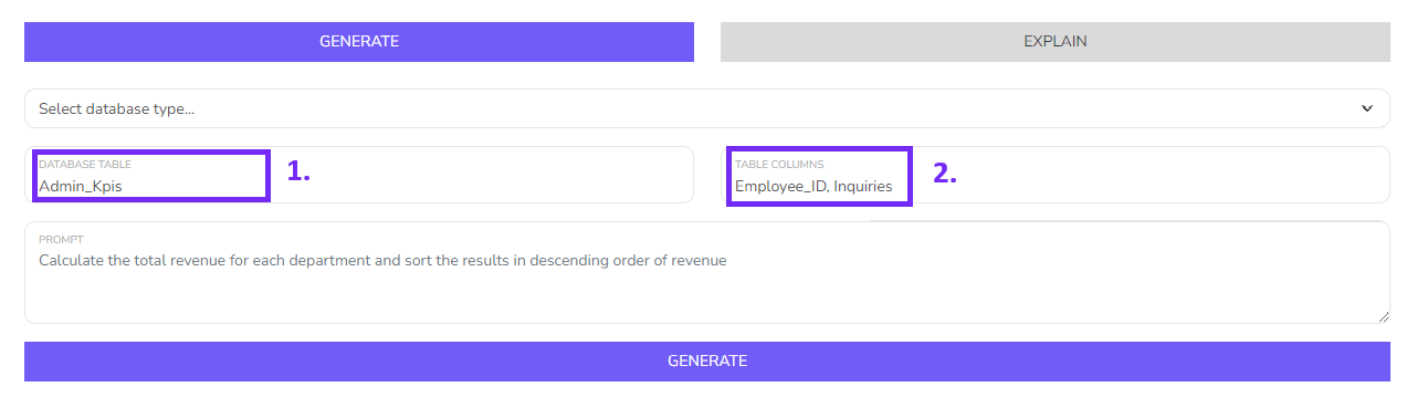 Screenshot with AI SQL generator settings with table and column settings