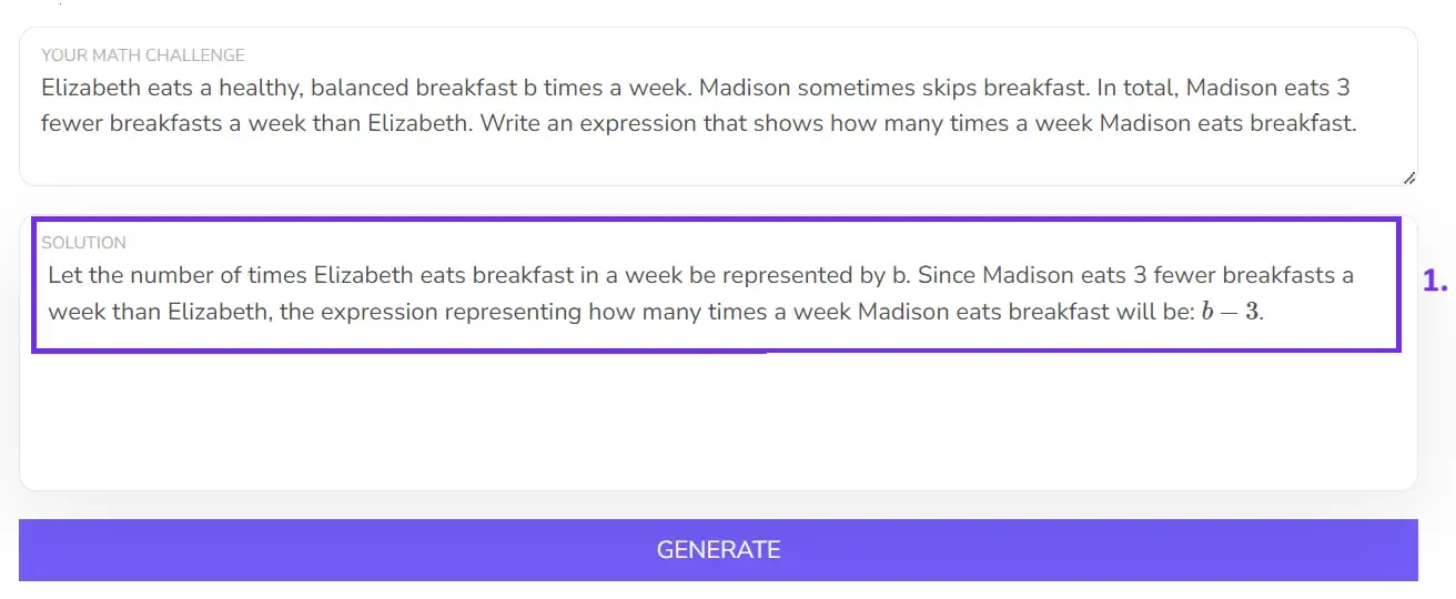 Math solver from AI with response and solution for problem, screenshot from website with AI answer