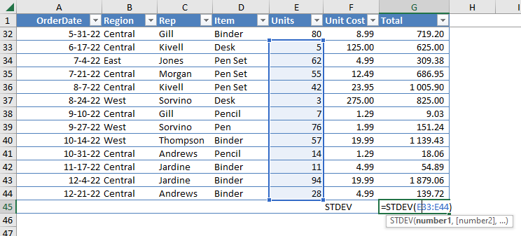 STDEV function MS Excel - Excel Formula Cheat Sheet
