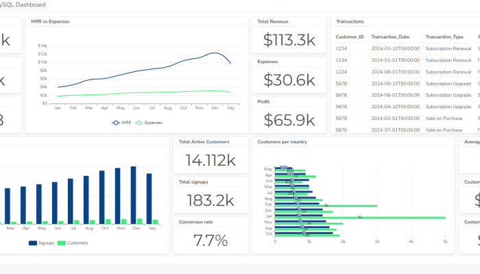 MYSQL dashboard example screenshot from Ajelix bi