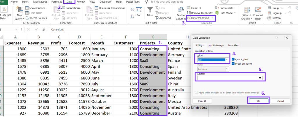 Screenshot from Excel with data validation setup