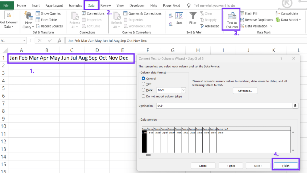 Screenshot from excel with text to columns feature explained