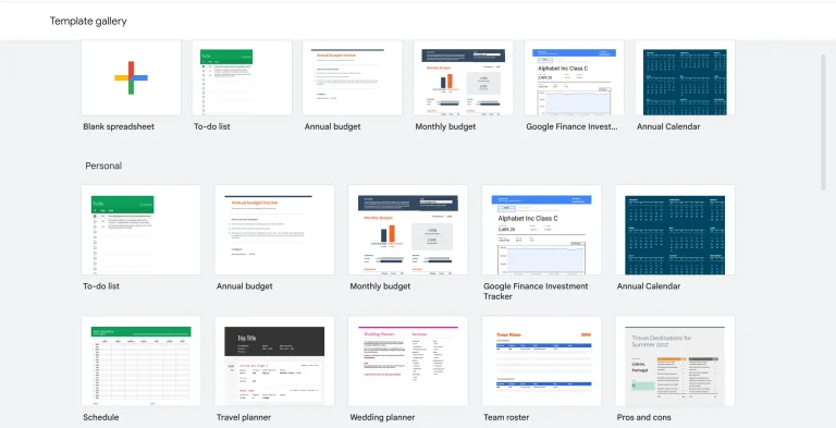 Examples of the available Google Sheets Templates