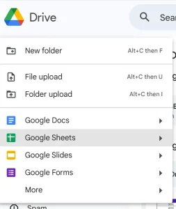 Screenshot of how to add Google Spreadsheets to Google Drive