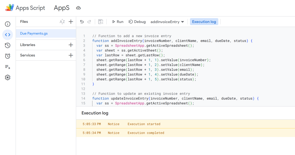 Screenshot of Google Apps Script code execution