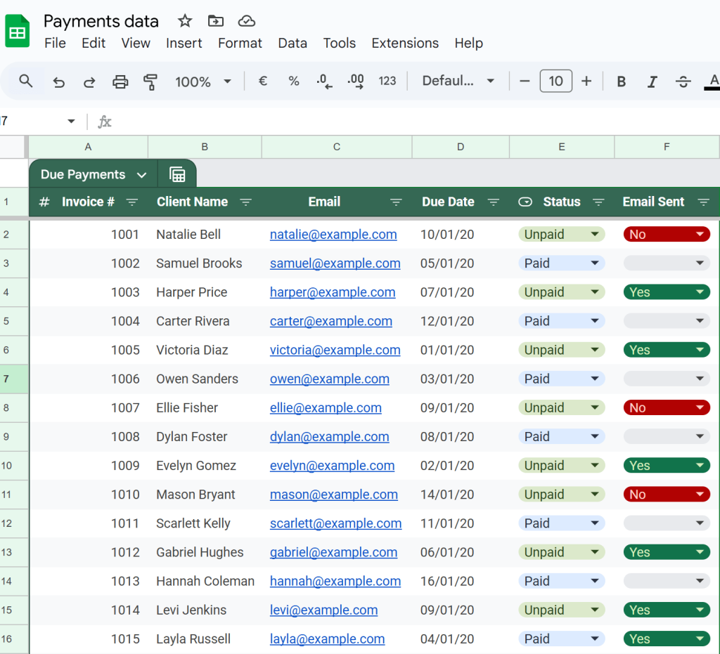 Screenshot of manually adding due payments data in Google-Sheets