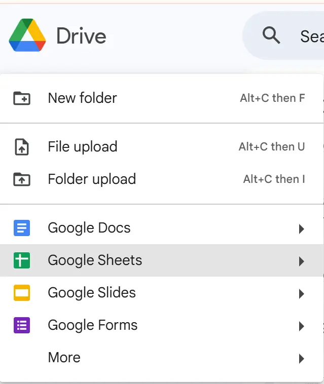 Screenshot of selecting Google Sheets in Google Drive