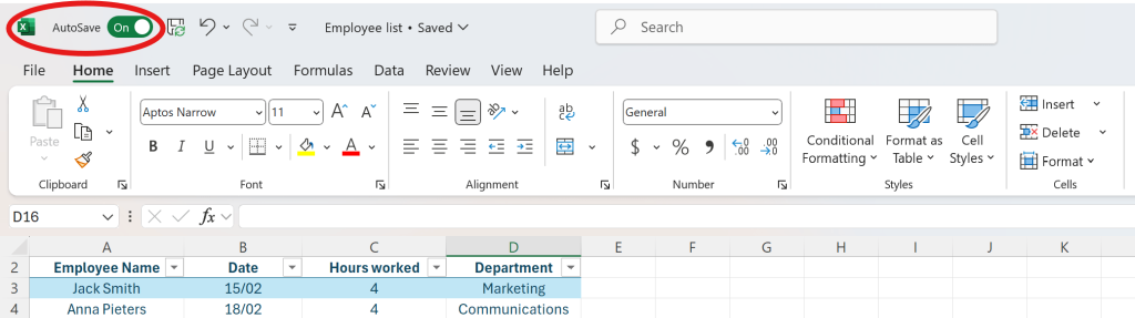 Screenshot of where is located Auto Save function in Excel