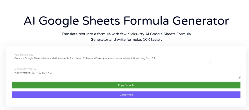 Screenshot of Google Sheets formula generator generating a formula