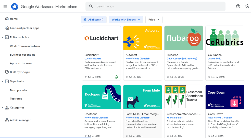 Screenshot of Google Workspace Marketplace with Sheets filter