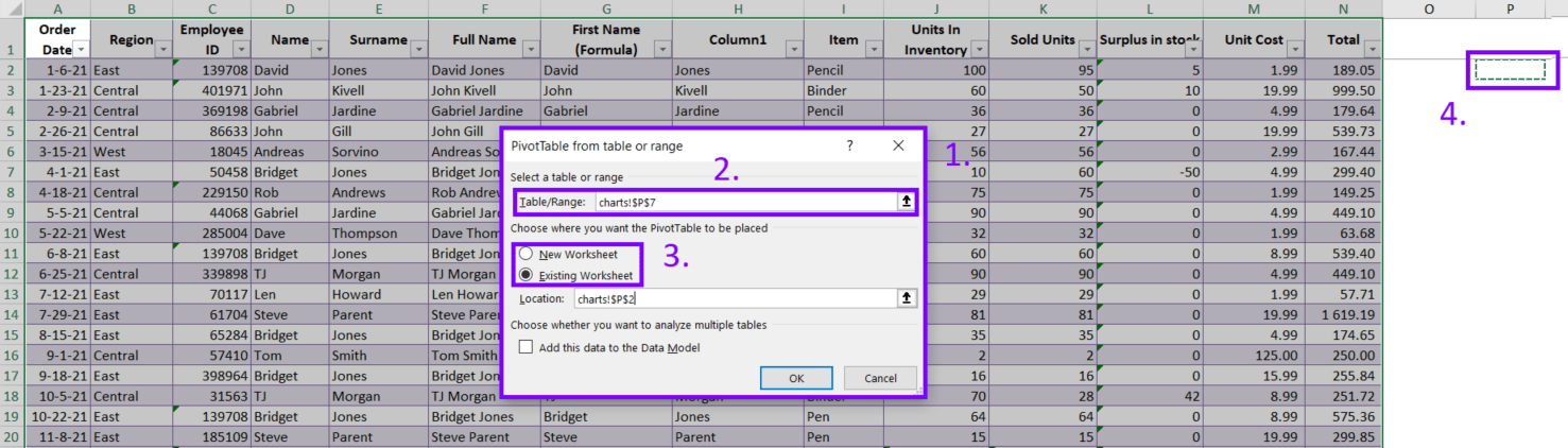Step - 3 Choose the pivot table location