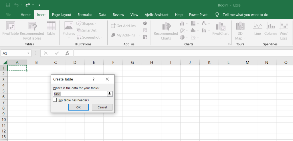 how to insert table in excel