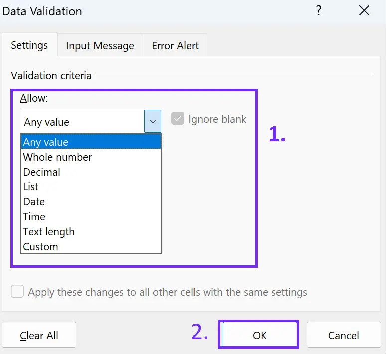 data validation settings in excel with pop up window