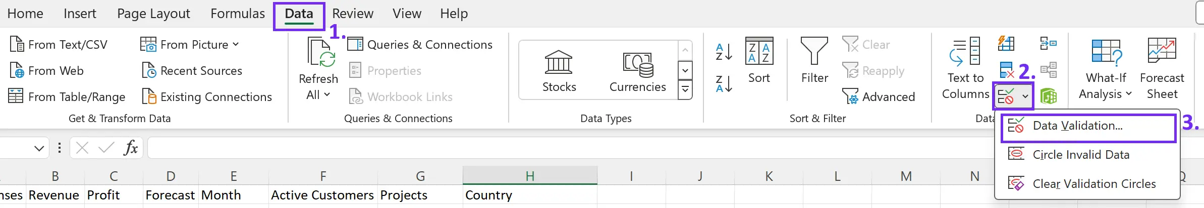 Data validation step 1 in Excel settings