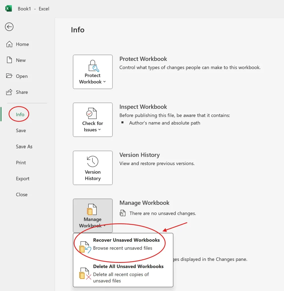 Screenshot of Recovering Unsaved Workbooks in Microsoft Excel