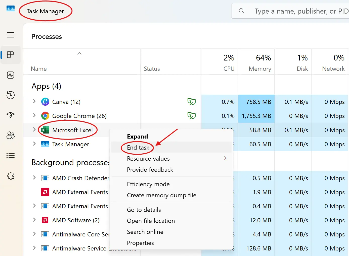 Screenshot of Ending Microsoft Excel Task in Task Manager