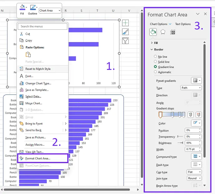 Access format chart area options in excel