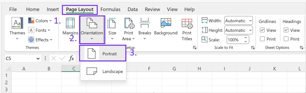 how to find sheet orientation in excel