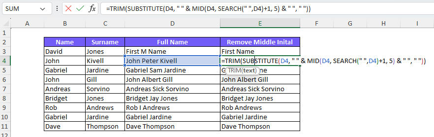 How to remove middle initial with formula - example 2 - screenshot from excel