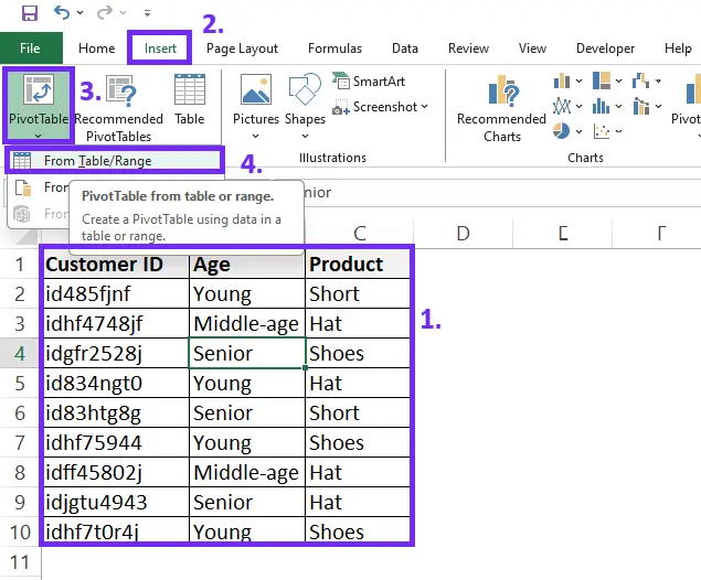 Insert pivot table from your data screenshot from excel with steps