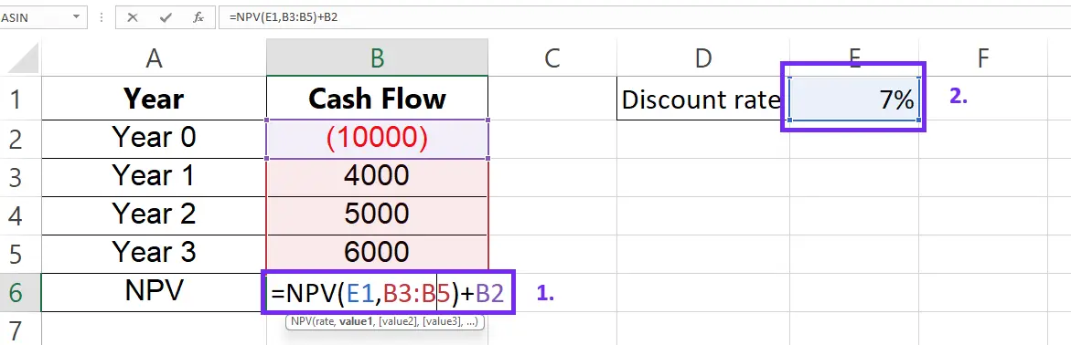 NPV formula in Excel spreadsheet screenshot