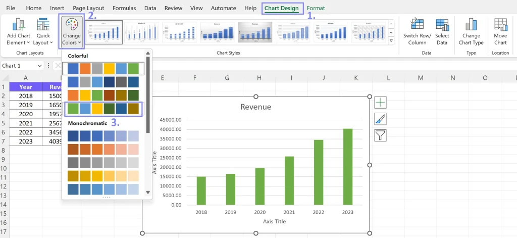 Change chart colors in chart design settings